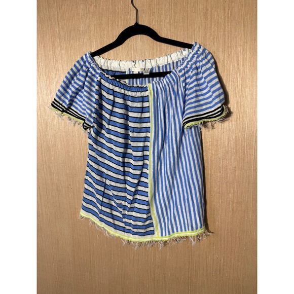 Lisa Todd Striped Linen Off Shoulder Top Blue White Fringed Womens - Picture 1 of 5